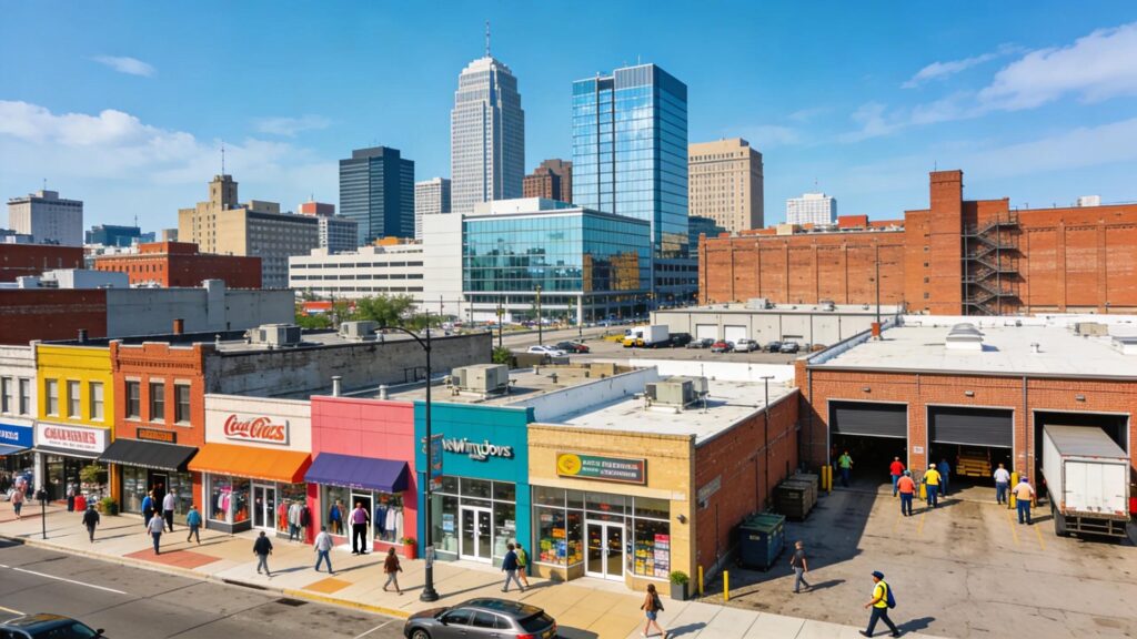 Commercial property valuation Southeast Detroit scene with retail, office, and industrial buildings