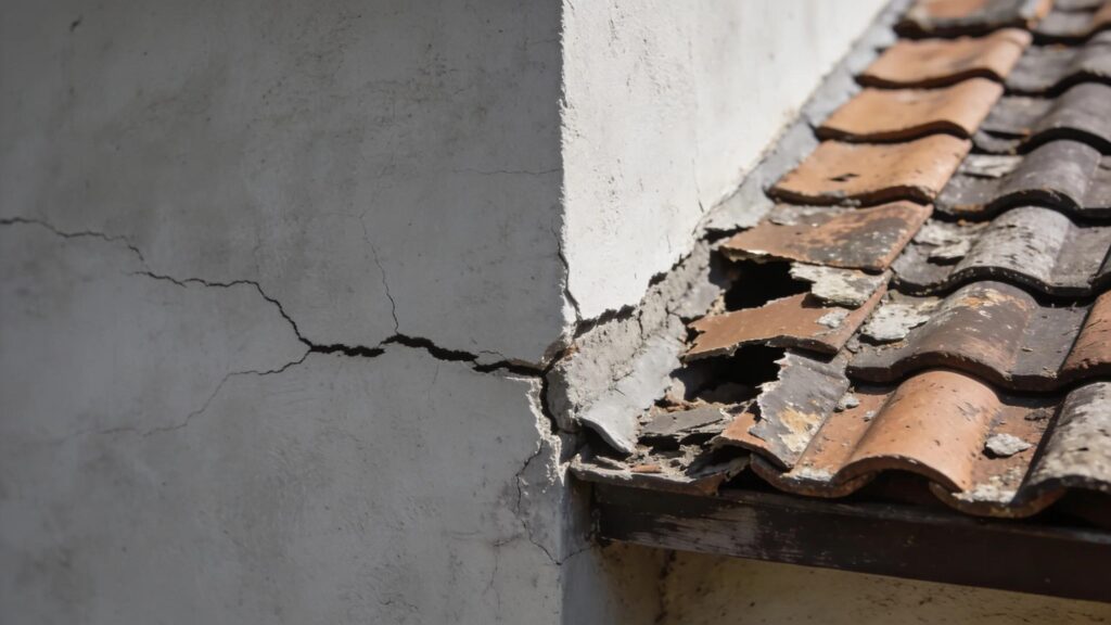 Foundation cracks and roof damage noted during inspection