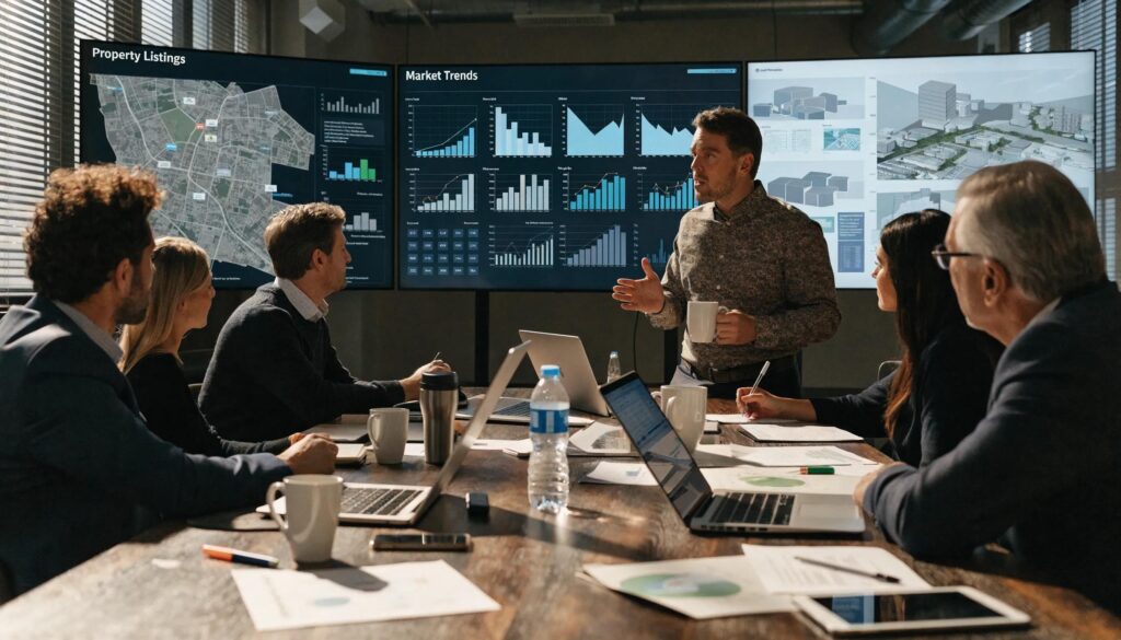 Investors reviewing market trends affecting commercial property values