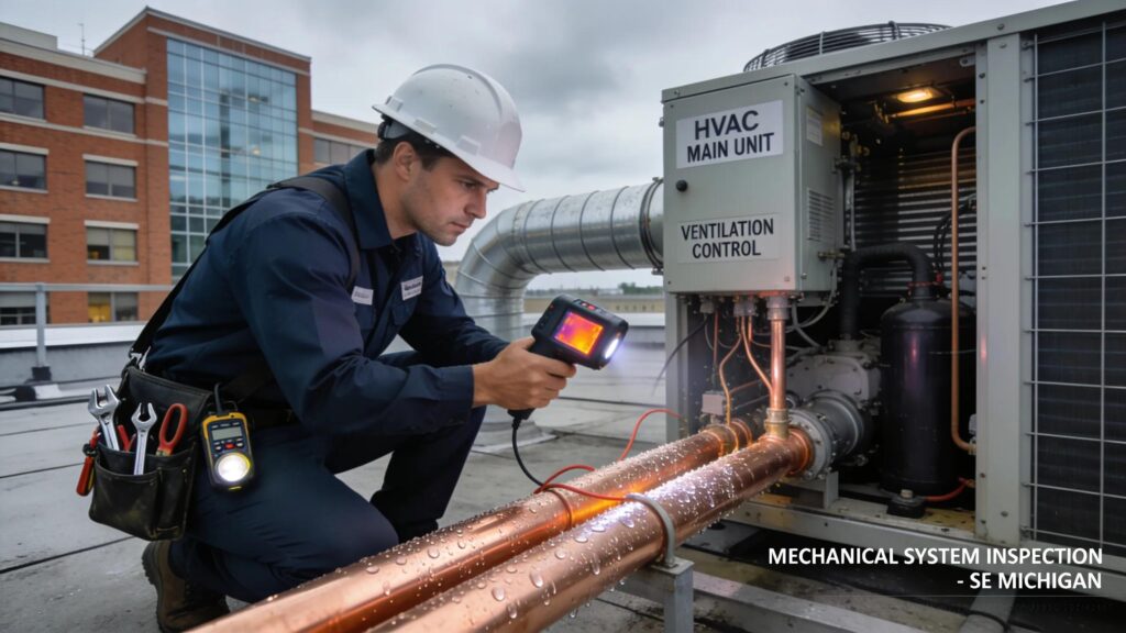 Commercial inspection in Southeast Michigan &mdash; technician evaluating mechanical systems and building safety