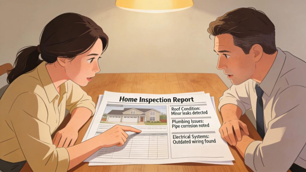 Buyer reviewing inspection findings with inspector
