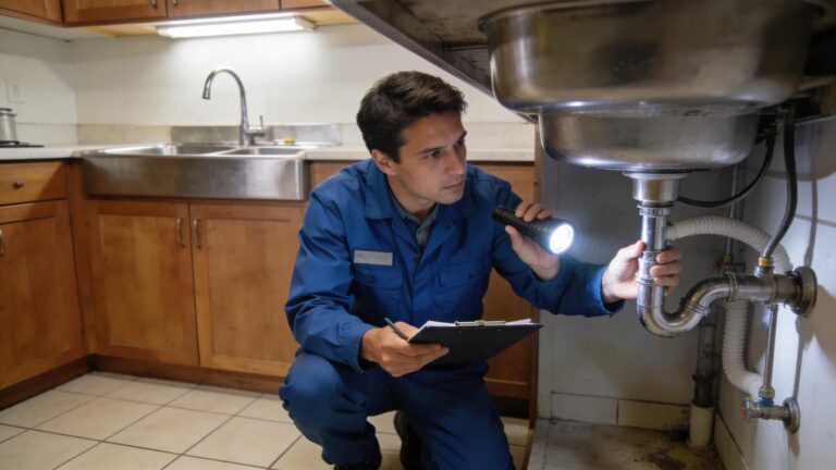 Inspector checking kitchen plumbing during a home inspection