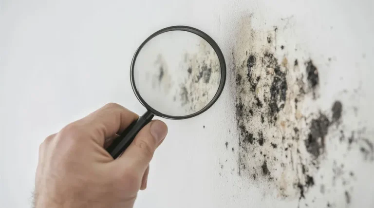 Hand holding a magnifying glass examining mold on a wall.