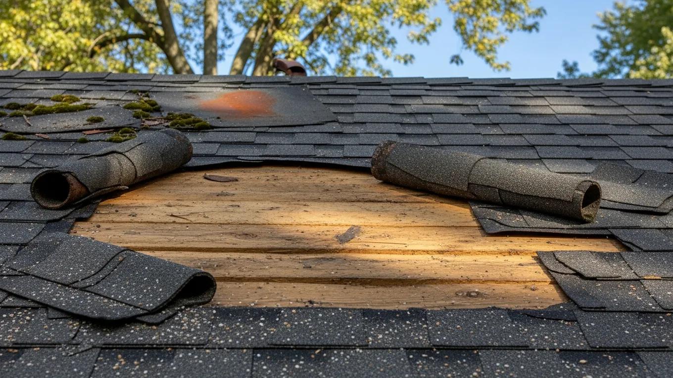 Close-up of a roof with missing shingles illustrating common roofing problems in Michigan