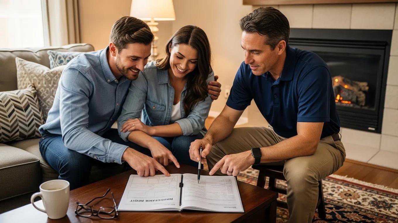 Happy couple discussing home inspection report with a professional inspector