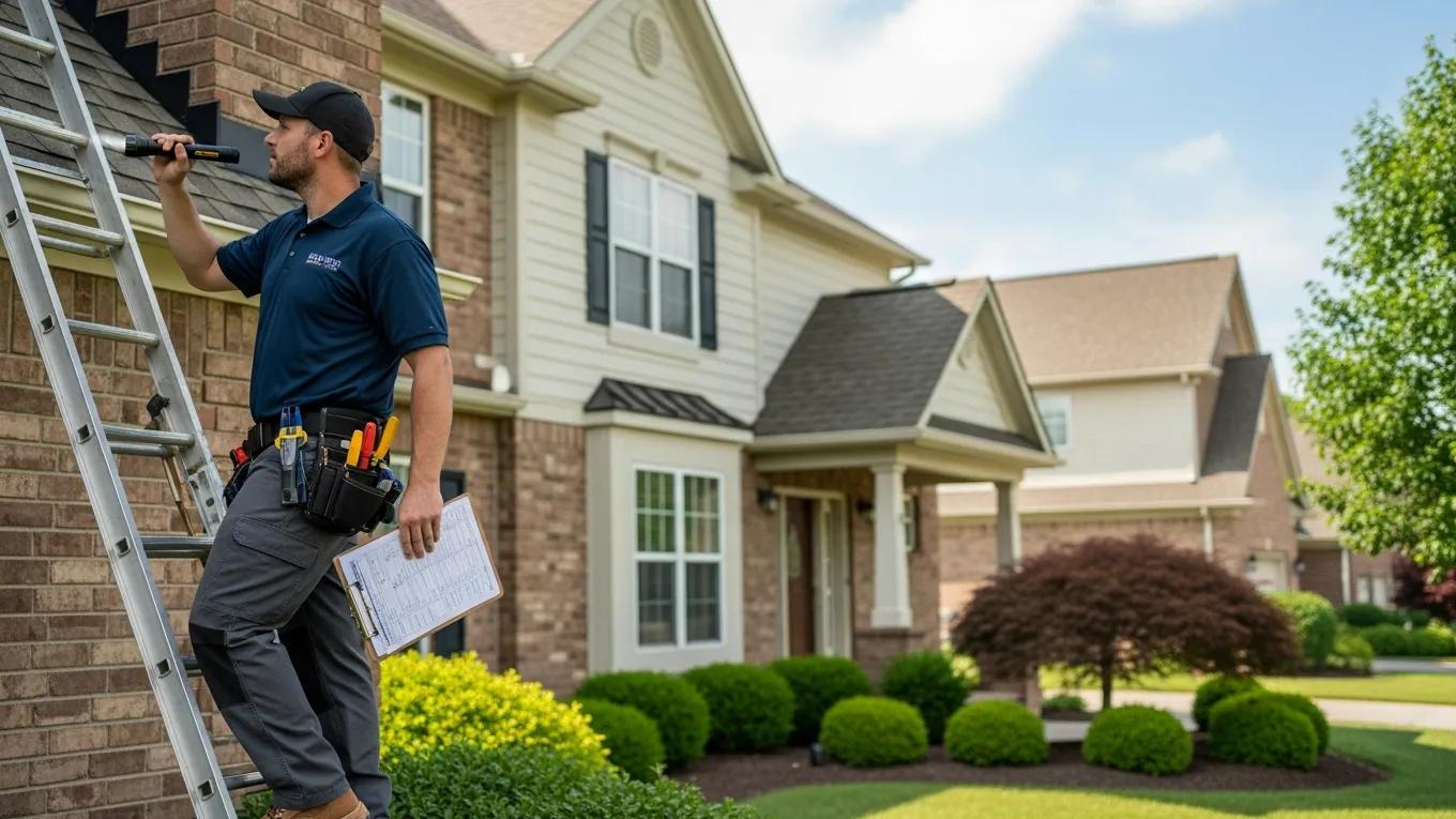 Home inspector evaluating property condition on ladder with clipboard, highlighting importance of pre-listing inspections for sellers.