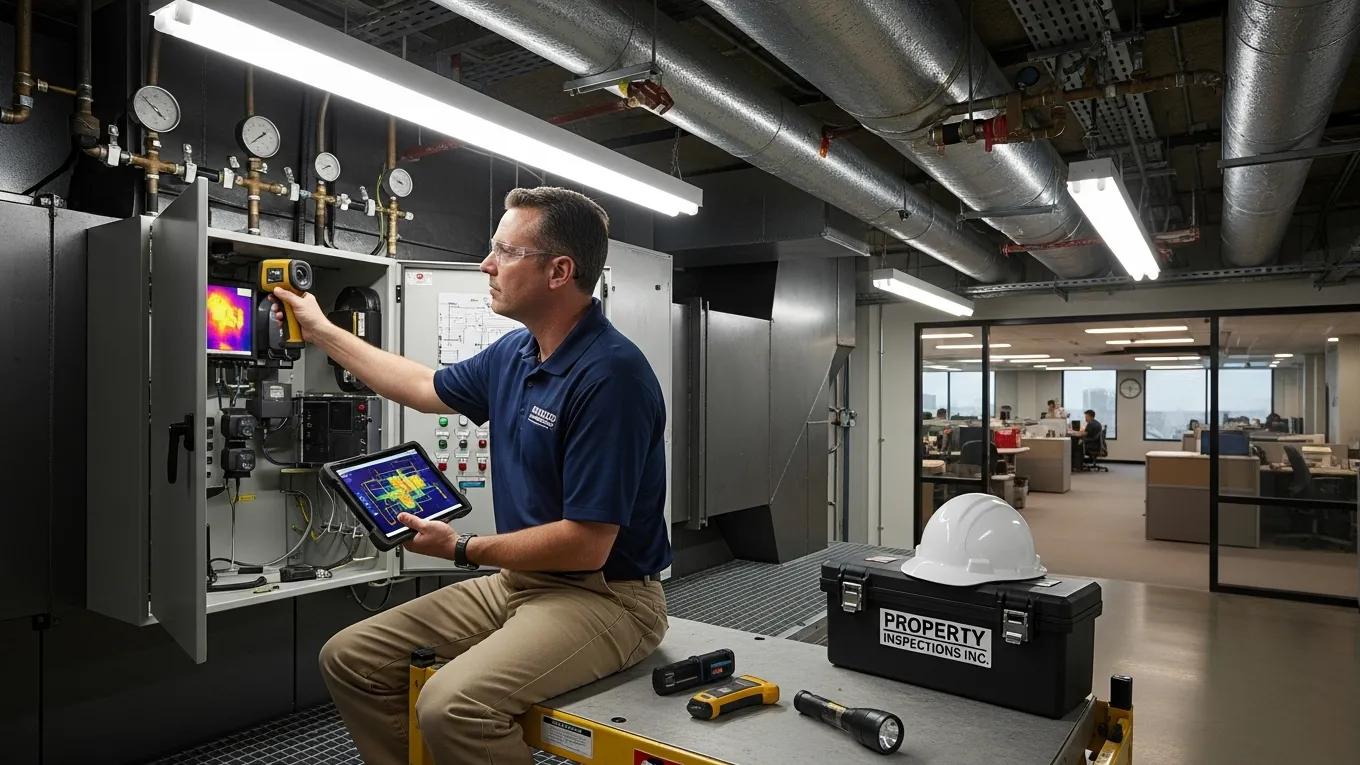 Inspector evaluating HVAC systems during a commercial property inspection