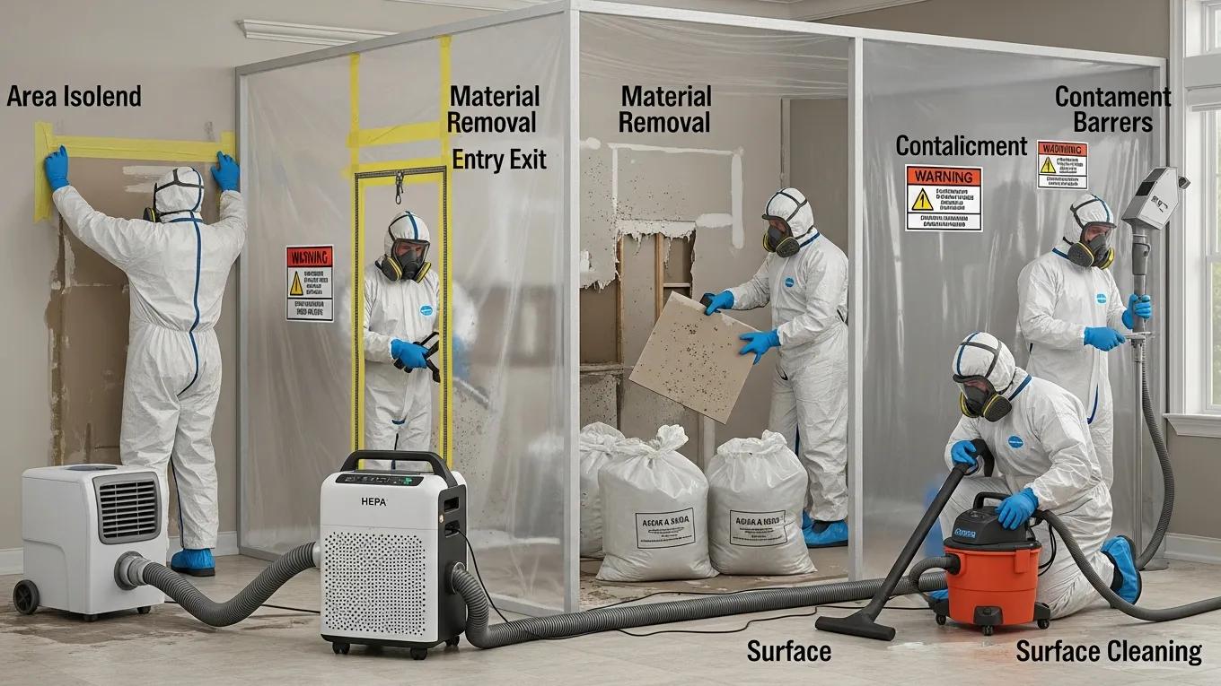 Mold remediation team working in a home, showcasing safety measures
