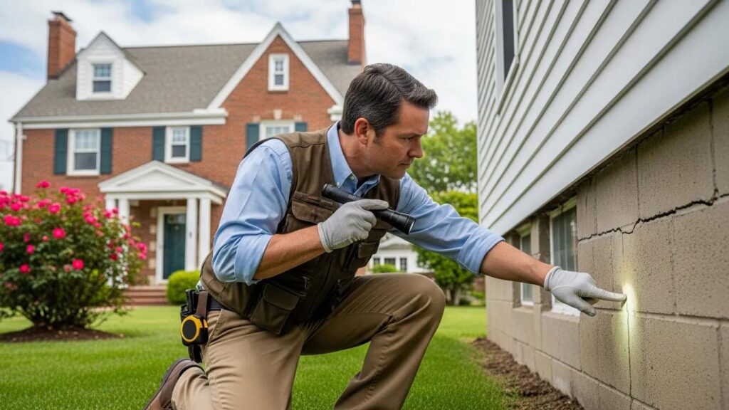 Professional home inspector examining a house foundation in Detroit