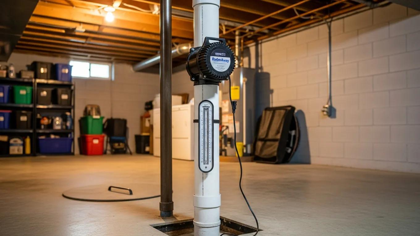 Radon mitigation system in a basement demonstrating effective radon reduction