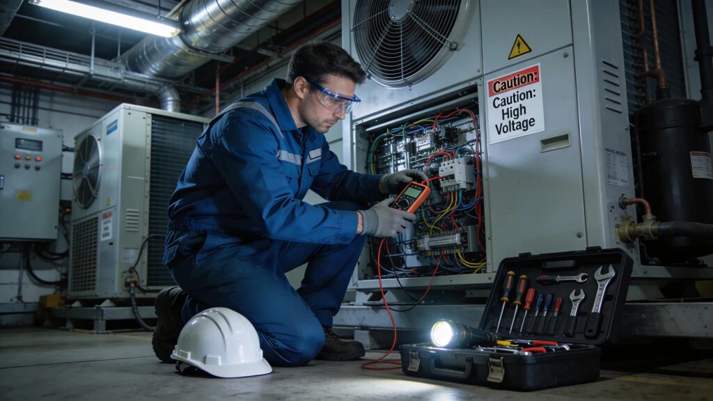 Inspector checking a commercial HVAC system for safety and compliance