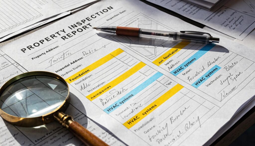 Close-up of a property inspection report with highlighted terms to emphasize important inspection vocabulary