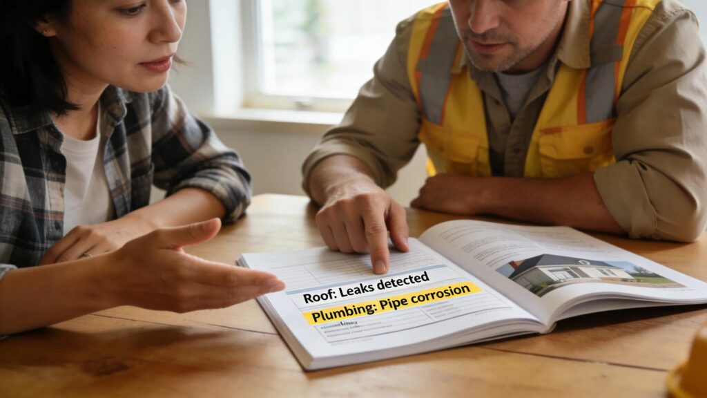 Homeowner and contractor reviewing an inspection report together to prioritize repairs