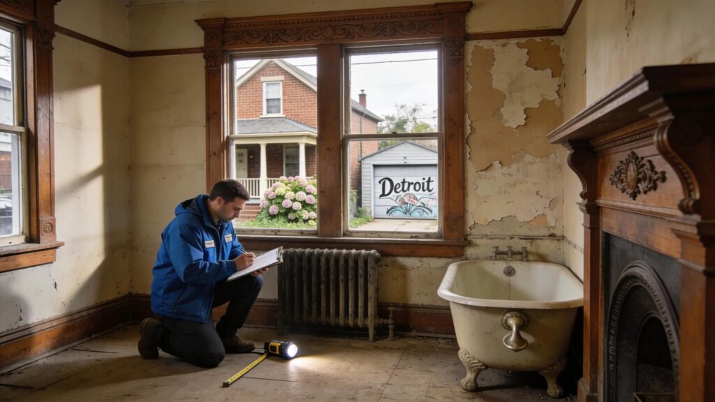 Inspector assessing unique architectural features in Southeast Detroit, demonstrating local expertise in home evaluations
