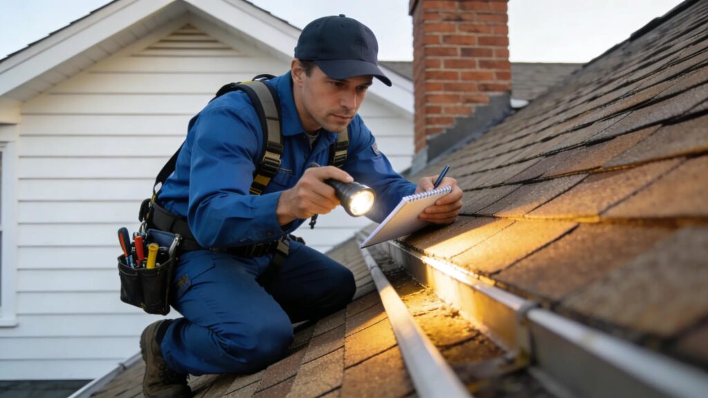 Inspector evaluating a roof during a residential inspection