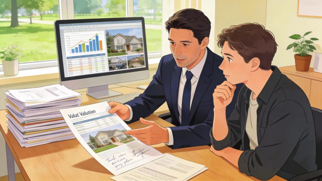 Real estate agent guiding clients through property valuation in Southeast Detroit, ensuring informed decision-making
