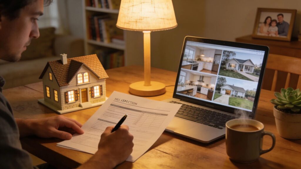 Person analyzing a home inspection report with a house model and a laptop, illustrating property inspection process