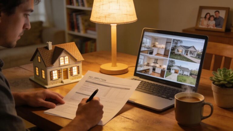 Person analyzing a home inspection report with a house model and a laptop, illustrating property inspection process