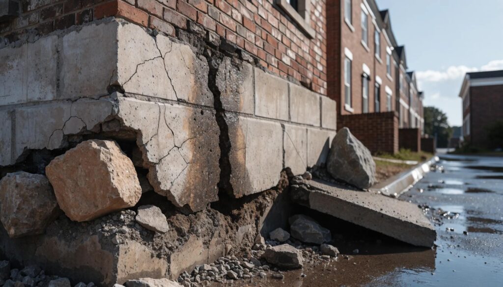Close-up of a cracked foundation to illustrate hidden defects and safety risks found during inspections