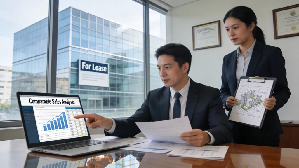 Commercial property valuers reviewing comparable sales analysis and building plans.