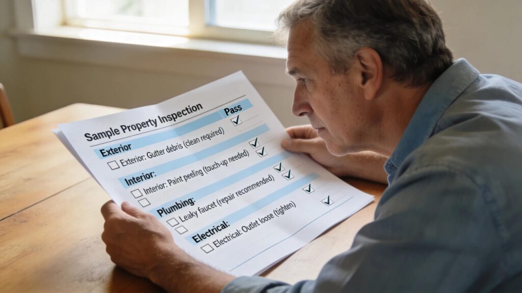 Highlighted sections of a home inspection report being reviewed