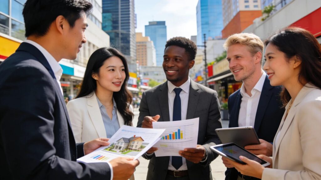 Commercial real estate investors discussing property valuation and appraisal with charts and documents.