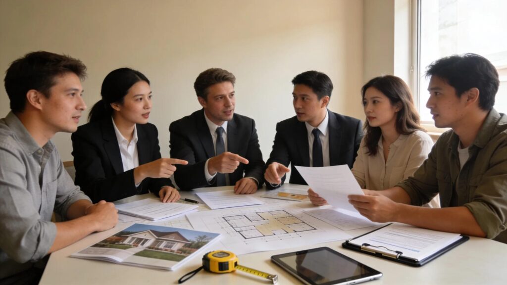 Clients and agents discussing inspection findings around a table
