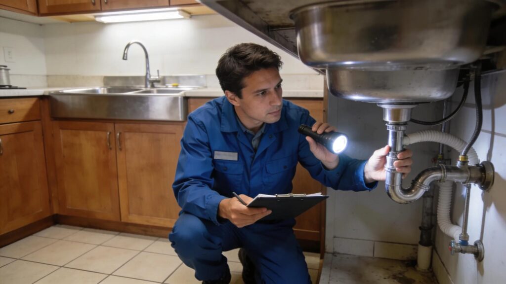 Home inspector examining kitchen plumbing with flashlight and notepad.