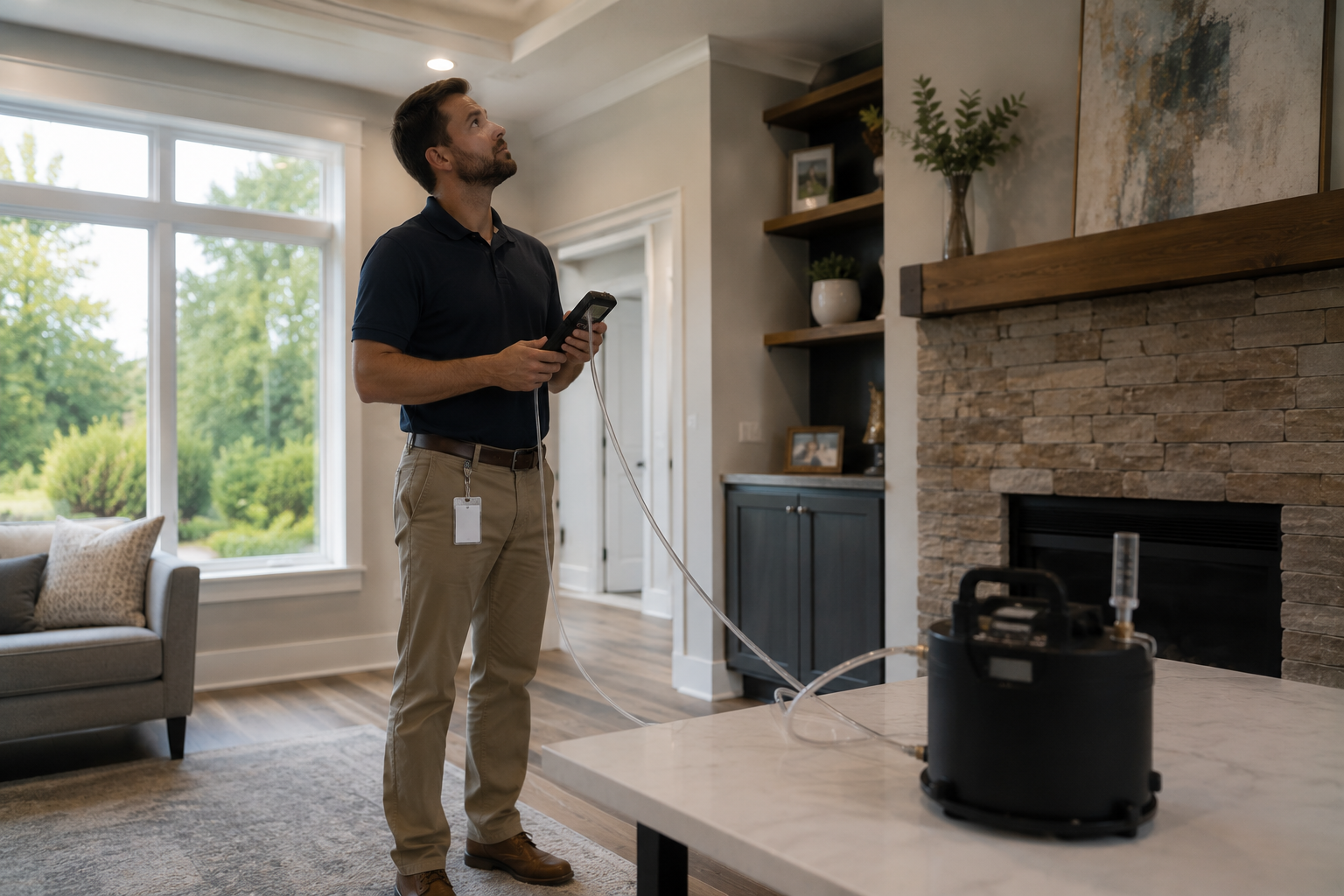 Radon testing results reviewed with a homeowner