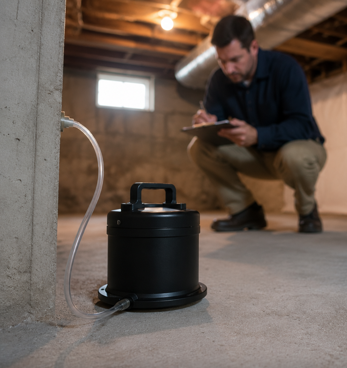 Radon measurement device placed in a lower level